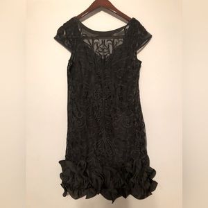 Guess Black Floral-Lace Ruffled-Hem Sheath Dress,  Embroidered Overlay Design